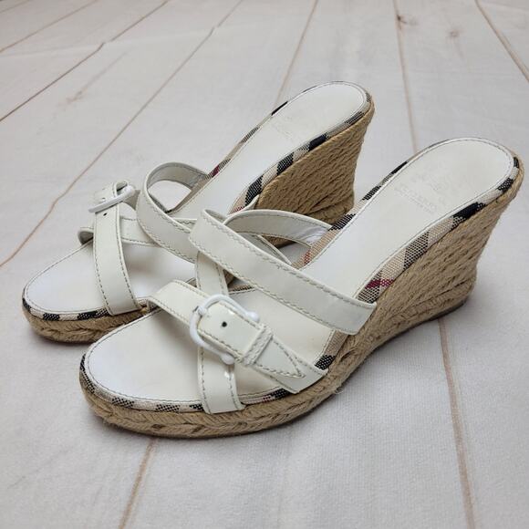 Burberry nova check patent leather espadrille wedge sandals white - Picture 1 of 13